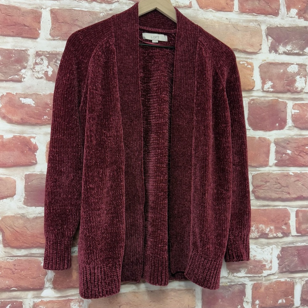 Ann Taylor Loft Cardigan Sweater Women's XS Burgundy Red Chenille Open Front - Picture 2 of 8